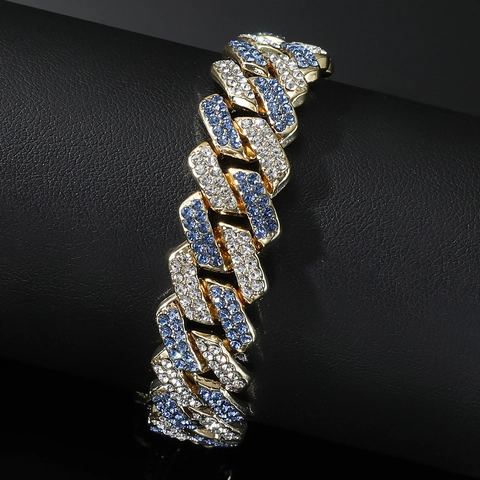 Men's Hip Hop Iced Out Cuban Link Bracelet Alloy Gold Silver Plated Blue White Rhinestone Inlaid Fashion Jewelry Wristband