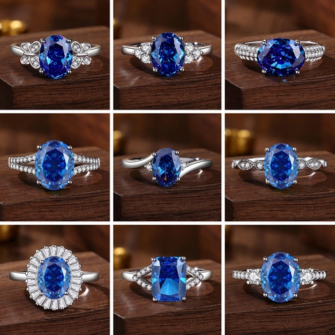 S925 Sterling Silver Royal Blue Radiant Cut Sapphire Style Ring Women Light Luxury High Carbon Rhinestone Inlaid Ring Jewelry