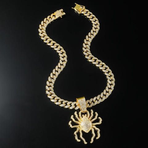 Collana con Pendente a Ragno Punk Hip Hop per Uomo Strass Iced Out Lega Catena a Maglie Cubane Gioielli alla Moda Streetwear