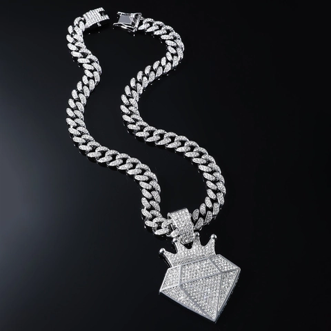 Hip Hop Iced Out Kronen Diamant Anhänger Halskette Zinklegierung Strass Panzerkette Für Herren Damen Streetwear Schmuck