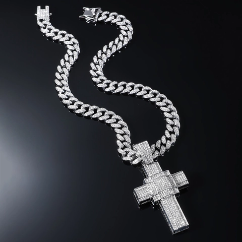 Hip Hop Cross Pendant Necklace Zinc Alloy Full Rhinestone Iced Out Cuban Chain Streetwear Jewelry For Men Boys Gift
