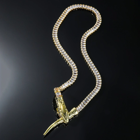 Collar de Colgante de Cabeza de Serpiente de Cobre y Circonia Hiphop Cadena de Tenis Engaste Pavé Joyería de Moda para Hombres Mujeres