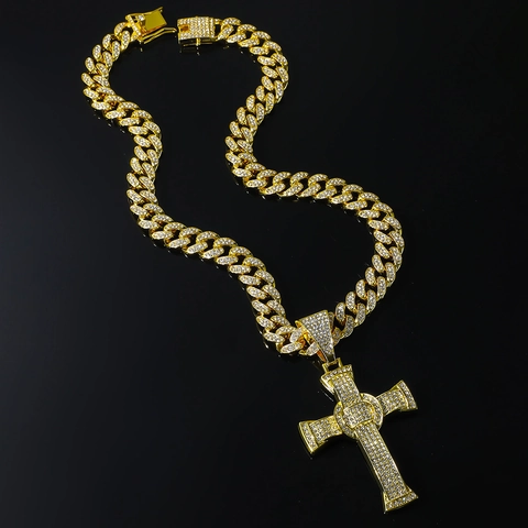 Hip Hop Vereist Kreuz Anhänger Halskette Zinklegierung Strass Panzerkette Für Herren Punk Streetwear Schmuck Geschenk