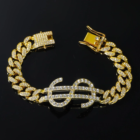 Bracciale a Maglia Cubana con Segno del Dollaro Hip Hop in Lega con Strass Galvanizzato Iced Out Oro Argento Punk per Uomo Donna Gioielli