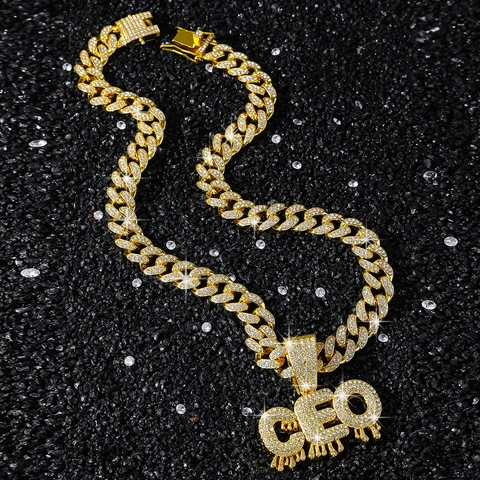Hip Hop CEO Letter Hanger Halsketting Zinklegering Strass Ingelegde Cubaanse Schakelketting Voor Heren Mode Sieraden
