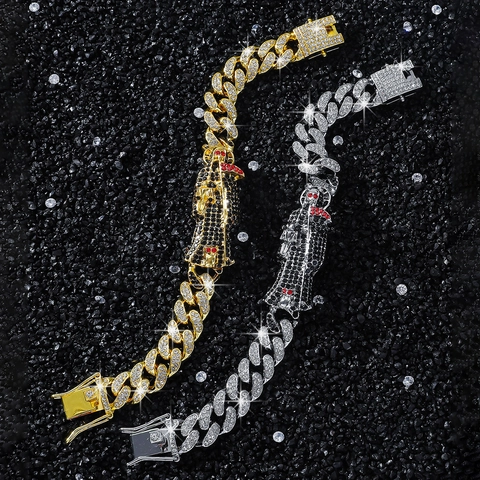 Bracciale Maglia Cubana Hip Hop Iced Out Ciondolo Santa Muerte Strass Intarsiato Catena in Lega Gioielli per Uomo Donna Oro Argento