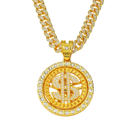 Hip-Hop Zinklegierung Voll Strass Dollarzeichen Anhänger Panzerkette Halskette Für Herren Gold Silber Galvanisiert Schmuck