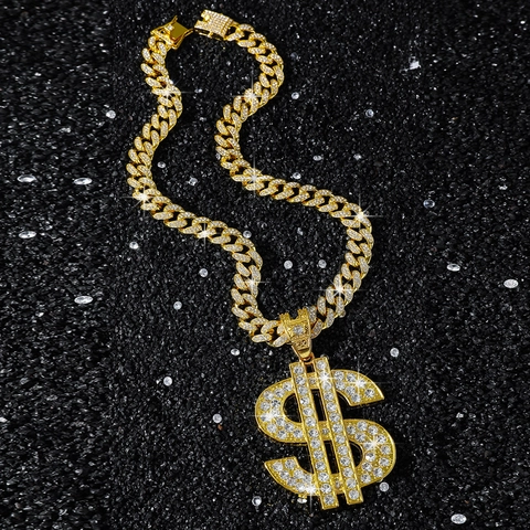 Hip Hop Dollarzeichen Anhänger Halskette Für Herren Iced Out Panzerkette Gold Silber Legierung Strass Bling Streetwear Schmuck
