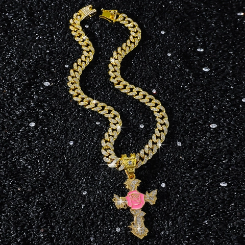Collana Con Ciondolo a Croce Hiphop Con Rosa Rosa Lega Strass Iced Out Catena Cubana Per Uomo Donna Gioielli Streetwear