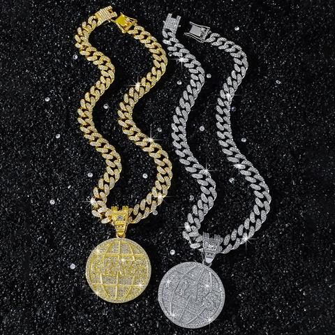 Collana Pendente Globo In Strass Hip Hop Iced Out Con Catena Cubana In Lega Disco Rotondo Medaglione Per Uomo Gioielli