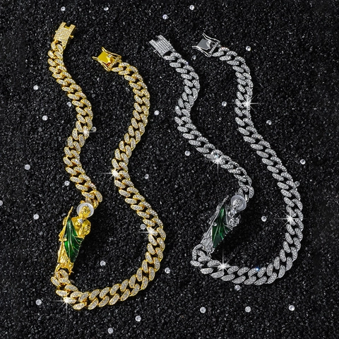 Uomo Hip Hop Collana a Maglia Cubana in Lega Ciondolo Saint Jude Figura Religiosa Smalto Verde Oro Argento Strass Collane Gioielli