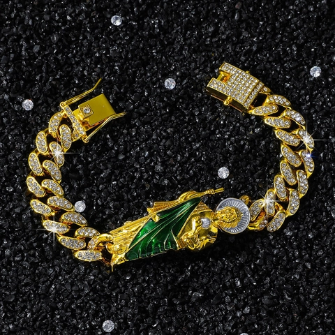 Hip Hop Iced Out Cuban Link Bracelet With Saint Jude Religious Pendant Gold Silver Tone Alloy Rhinestone Enamel Jewelry For Men