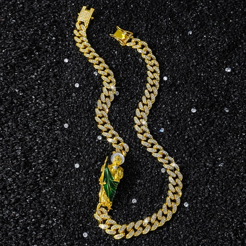 Uomo Hip Hop Collana a Maglia Cubana in Lega Ciondolo Saint Jude Figura Religiosa Smalto Verde Oro Argento Strass Collane Gioielli