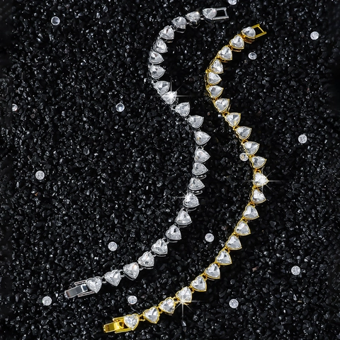 Hip Hop Heart Tennis Bracelet Zinc Alloy Crystal Heart Splicing Wrist Chain Gold Silver Plated Jewelry For Men Women Gift