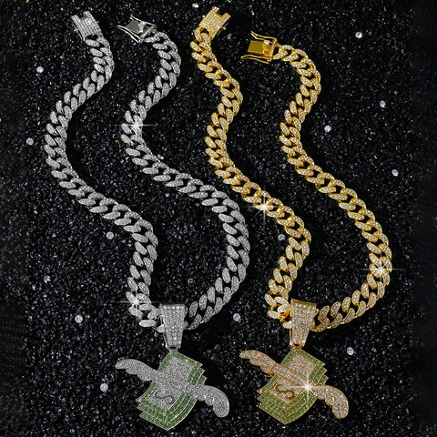 Hip Hop Geld Flügel Anhänger Halskette Zinklegierung Strass Herren Schmuck Streetwear Panzerkette Gold Silber Dollarzeichen Schmuck