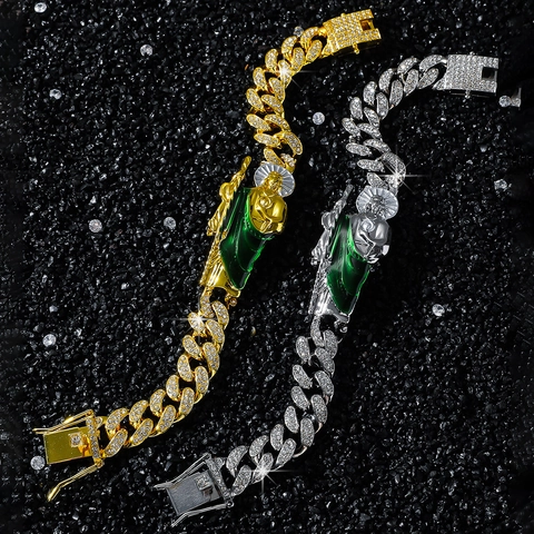 St Jude Thaddeus Religiöse Figur Panzerarmband Mit Strass Grüner Emaille Legierung Hip Hop Schmuck