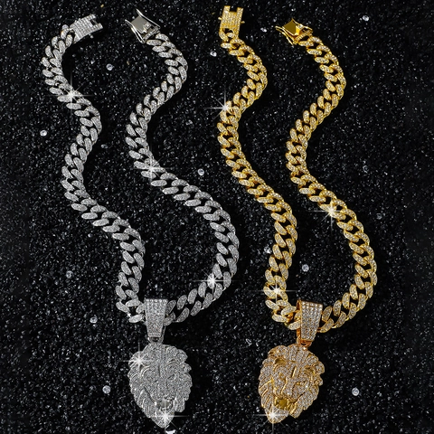 Iced Out Lion Head Pendant Necklace Men Hip Hop Jewelry Zinc Alloy Rhinestone Paved Animal Necklaces Cuban Link Chain
