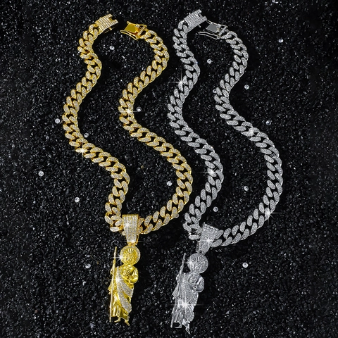 Hiphop Iced Out Sint-Judas Hanger Halsketting Zinklegering Strass Heren Cubaanse Schakelketting Religieuze Sieraden Goud Zilver