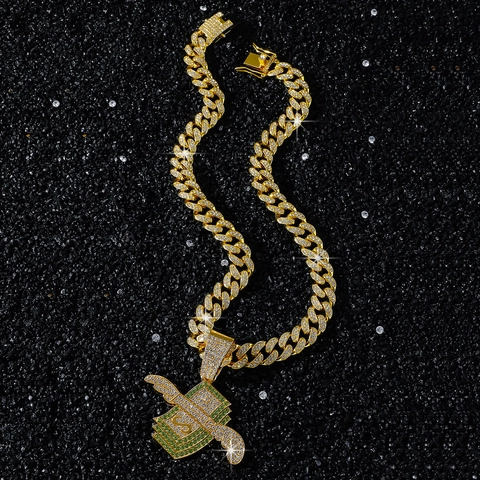 Hip Hop Geld Flügel Anhänger Halskette Zinklegierung Strass Herren Schmuck Streetwear Panzerkette Gold Silber Dollarzeichen Schmuck