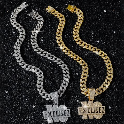 Collier Pendentif Lettre NO EXCUSEZ Hip Hop pour Homme Iced Out en Alliage de Zinc Strass Chaîne Cubaine Bijoux Street
