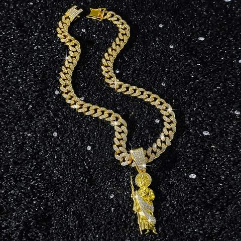 Hiphop Iced Out Sint-Judas Hanger Halsketting Zinklegering Strass Heren Cubaanse Schakelketting Religieuze Sieraden Goud Zilver