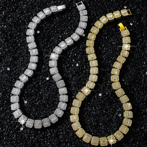 Hip Hop Iced Out Quadrato Strass Catena Collana Bracciale Per Uomo Lega Gioielli Oro Argento Placcato Regalo