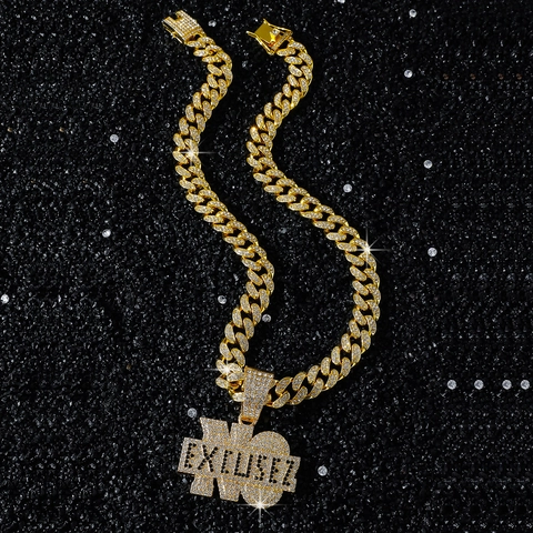 Collier Pendentif Lettre NO EXCUSEZ Hip Hop pour Homme Iced Out en Alliage de Zinc Strass Chaîne Cubaine Bijoux Street