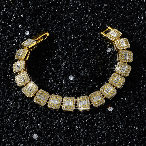 Hip Hop Iced Out Bracelet Luxurious Alloy Rhinestone Baguette Cut Square Links Bracelet Gold Silver Plated Jewelry For Men Women