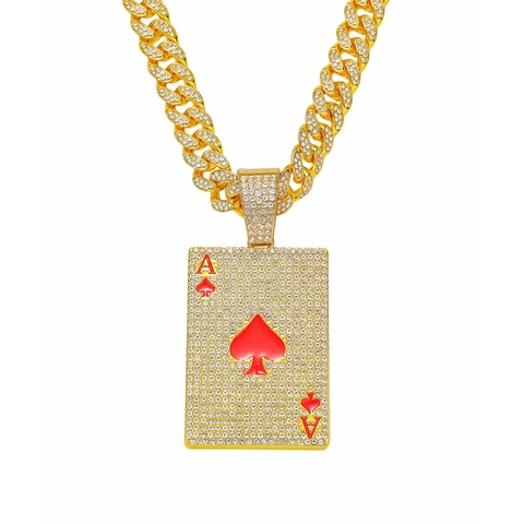 Hip Hop Poker Herz-Ass Anhänger Halskette Legierung Strass Bling Panzerkette Für Herren Streetwear Schmuck
