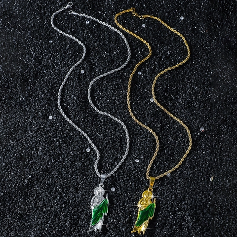 Hip Hop St Jude Thaddeus Pendant Necklace Religious Zinc Alloy Rhinestone Stainless Steel Rope Chain Jewelry Gold Silver