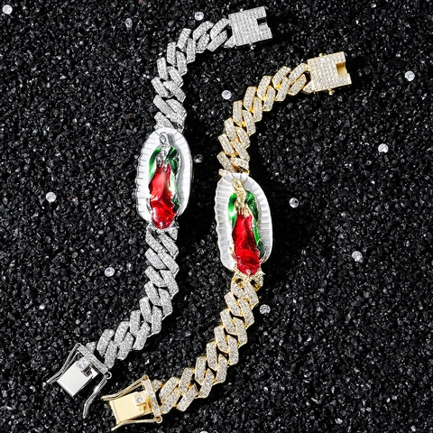 Hip Hop Iced Out Cuban Link Bracelet For Men Women Alloy Rhinestone Religious Virgin Mary Lady Of Guadalupe Enamel Charm Bracelet Jewelry