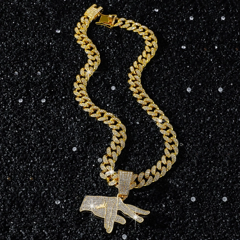 Collier Pendentif Signe de Main West Coast Hip Hop Iced Out Strass Alliage Maille Gourmette Or Argent Hommes Bijoux Colliers