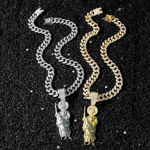 Collana con Pendente Religioso San Giuda Hip Hop Lega di Zinco Strass Intarsiato Catena a Maglie Drago Gioielli di Moda per Uomo Donna