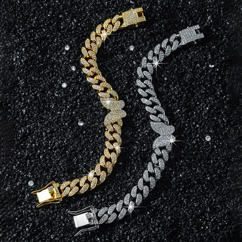 Bracciale Unisex Hip Hop Maglia Cubana in Lega con Farfalla Strass Placcato Oro Argento Farfalla Catena Gioielli di Moda