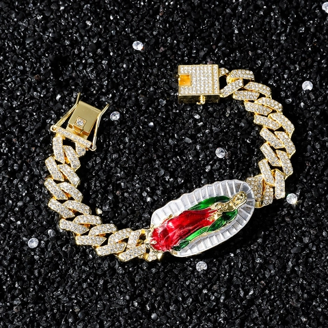 Hip Hop Iced Out Cuban Link Bracelet For Men Women Alloy Rhinestone Religious Virgin Mary Lady Of Guadalupe Enamel Charm Bracelet Jewelry