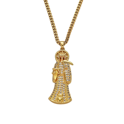 Hip Hop Santa Muerte Sensenmann Anhänger Halskette Gold Plattiert Edelstahl Panzerkette Zirkonia Religiöser Schmuck Herren