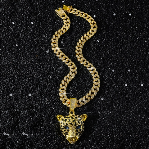 Hip Hop Leopard Head Pendant Necklace For Men Zinc Alloy Iced Out Rhinestone Cuban Link Chain Gold Silver Plated Jewelry