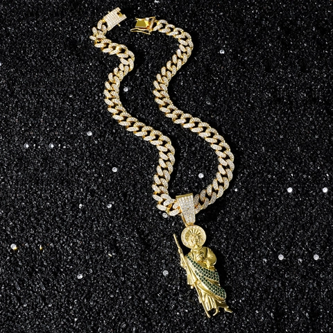 Collana con Pendente Religioso San Giuda Hip Hop Lega di Zinco Strass Intarsiato Catena a Maglie Drago Gioielli di Moda per Uomo Donna