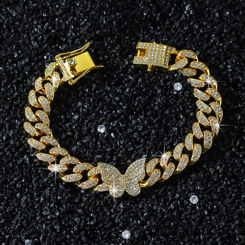 Bracciale Unisex Hip Hop Maglia Cubana in Lega con Farfalla Strass Placcato Oro Argento Farfalla Catena Gioielli di Moda