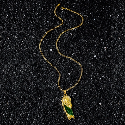 Hip Hop St Jude Pendant Necklace Religious Jewelry For Men Gold Silver Plated Zinc Alloy Rhinestone Enamel Cuban Link Chain