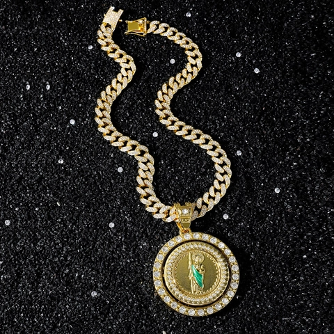 Hip Hop Heren Draaiende Sint Judas Hanger Ketting Zinklegering Strass Religieuze Sint Judas Tadeo Cubaanse Ketting Sieraden