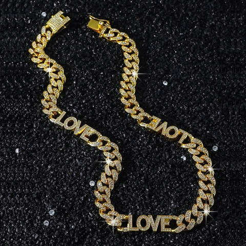 Collar o Pulsera de Cadena de Eslabones Cubanos Hip Hop para Hombre en Aleación Iced Out Con Letras Love de Strass Joyería Chapada en Oro Plata