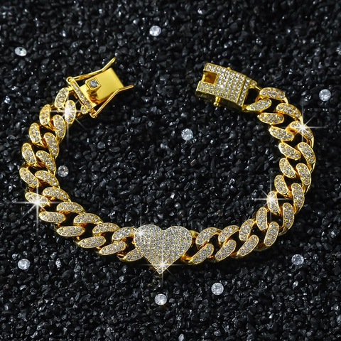 Pulsera Hip Hop Iced Out Heart Cuban Link Unisex Aleación de Zinc Strass Patchwork Cadena Pulsera Joyería Regalo