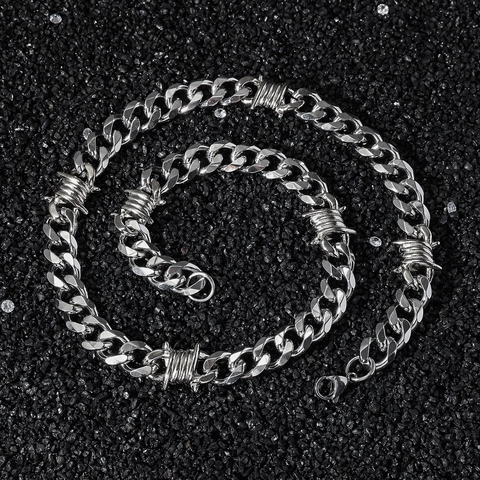 Hip Hop Edelstahl Stacheldraht Panzerkette Halskette Und Armband Set Für Herren Damen Punk Streetwear Schmuck