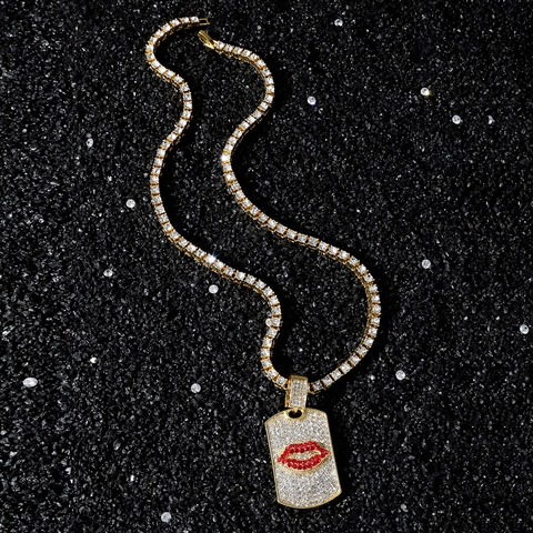 Hip Hop Zinc Alloy Red Lips Rectangle Tag Pendant Necklace Iced Out Rhinestone Tennis Chain Personality Fashion Jewelry For Men Women