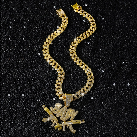 Hip Hop Iced Out BABY Letter Crossed Dual Gun Pendant Necklace For Men Zinc Alloy Rhinestone Cuban Link Chain Jewelry
