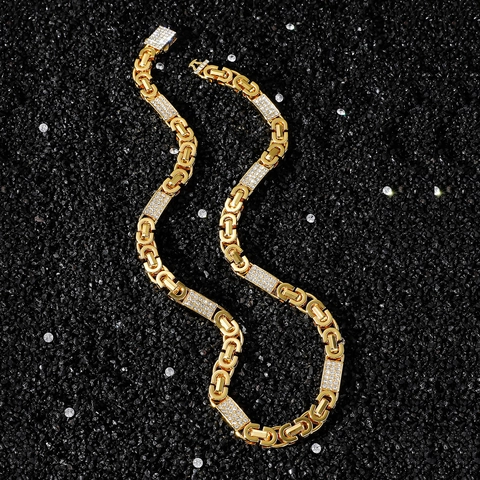 Hip Hop Hombres Aleación Iced Out Bizantina Cadena Collar Pulsera Conjunto Oro Plata Vidrio Diamante de Imitación Joyería