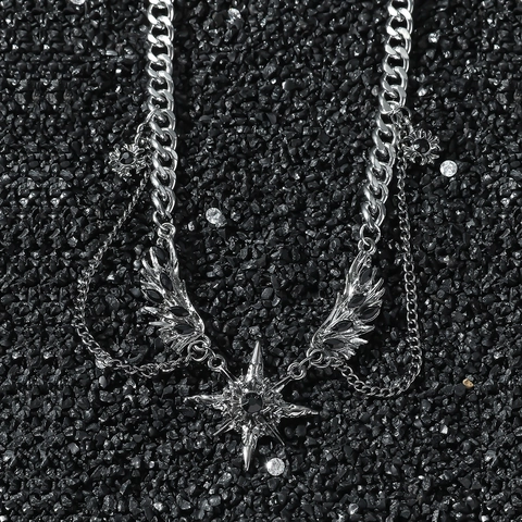 Collar Colgante Gótico Punk Ala Estrella Para Hombre Mujer Aleación de Zinc Acero Inoxidable Cadena Cubana Joyería Regalo