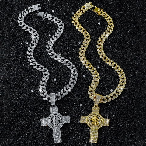 Collana di Lusso Hip Hop Con Ciondolo a Croce Segno del Dollaro Girevole Lega di Zinco Strass Gioielli Street Style per Uomo