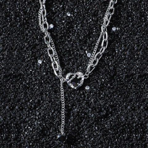 Collana Con Pendente a Cuore a Doppio Strato Hip Hop in Acciaio Inossidabile Color Argento per Feste Gioielli Unisex